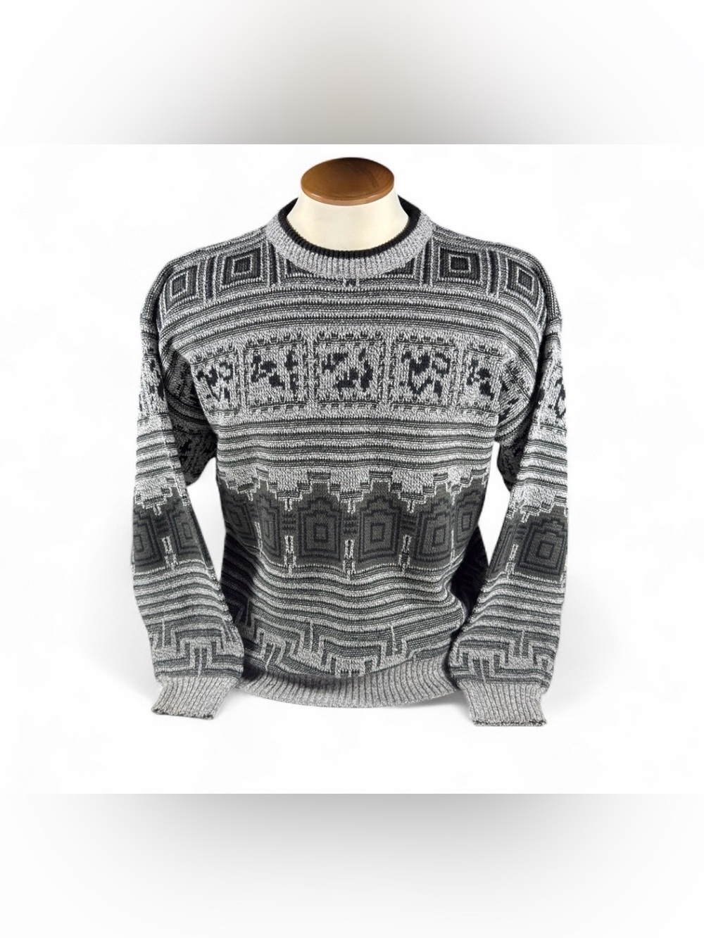 Vintage De Vono’s Geometric Crewneck Sweater Size L Gray Black Acrylic